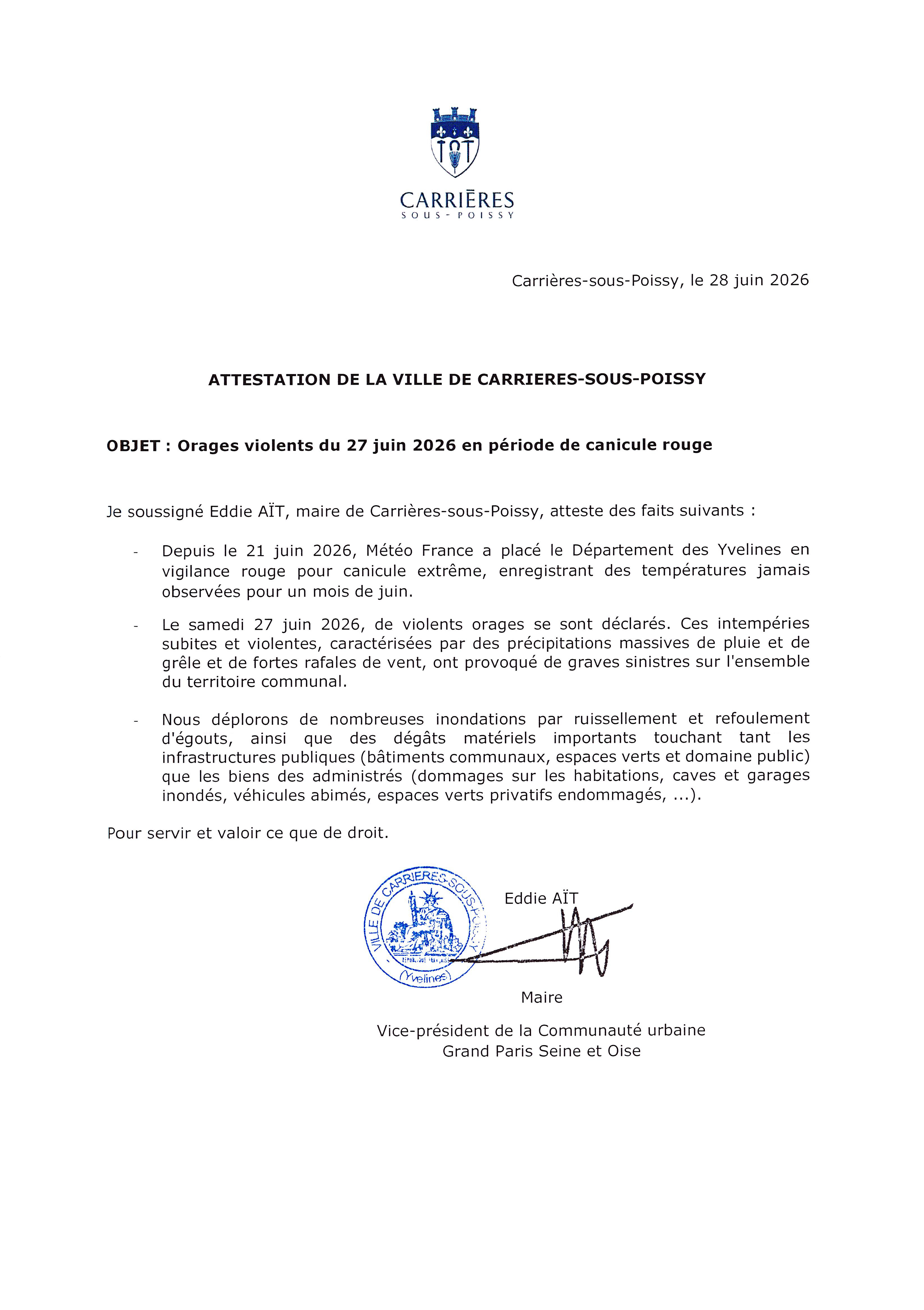 Attestation orages violents 2026